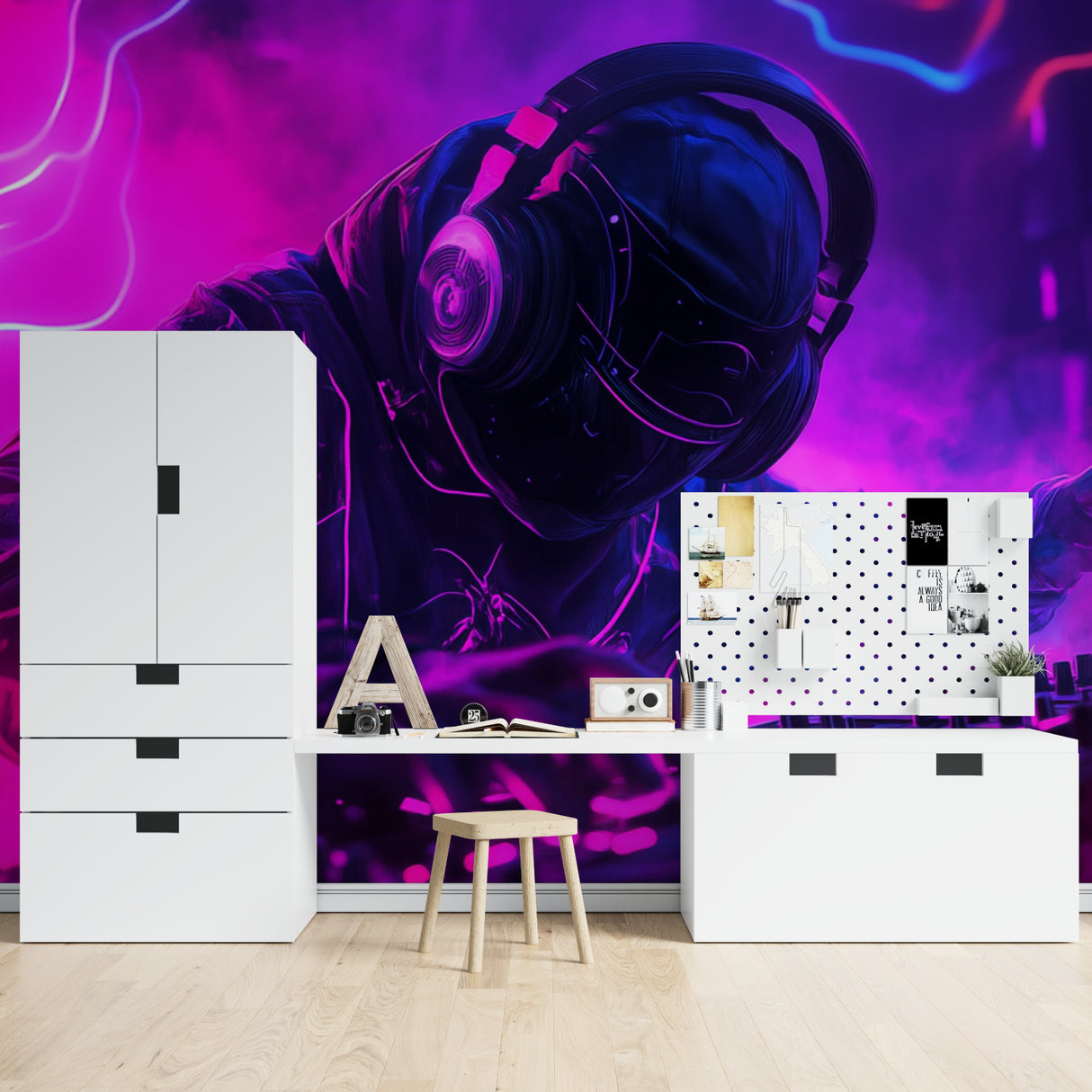 Modern gaming wallpaper displayed in contemporary entertainment room setup