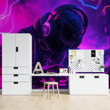 Modern gaming wallpaper displayed in contemporary entertainment room setup