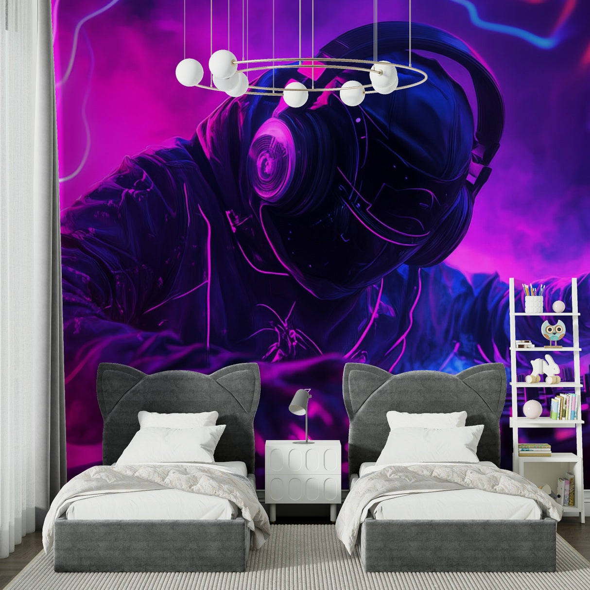Neon DJ headset gaming wallpaper featured in esports lounge setting