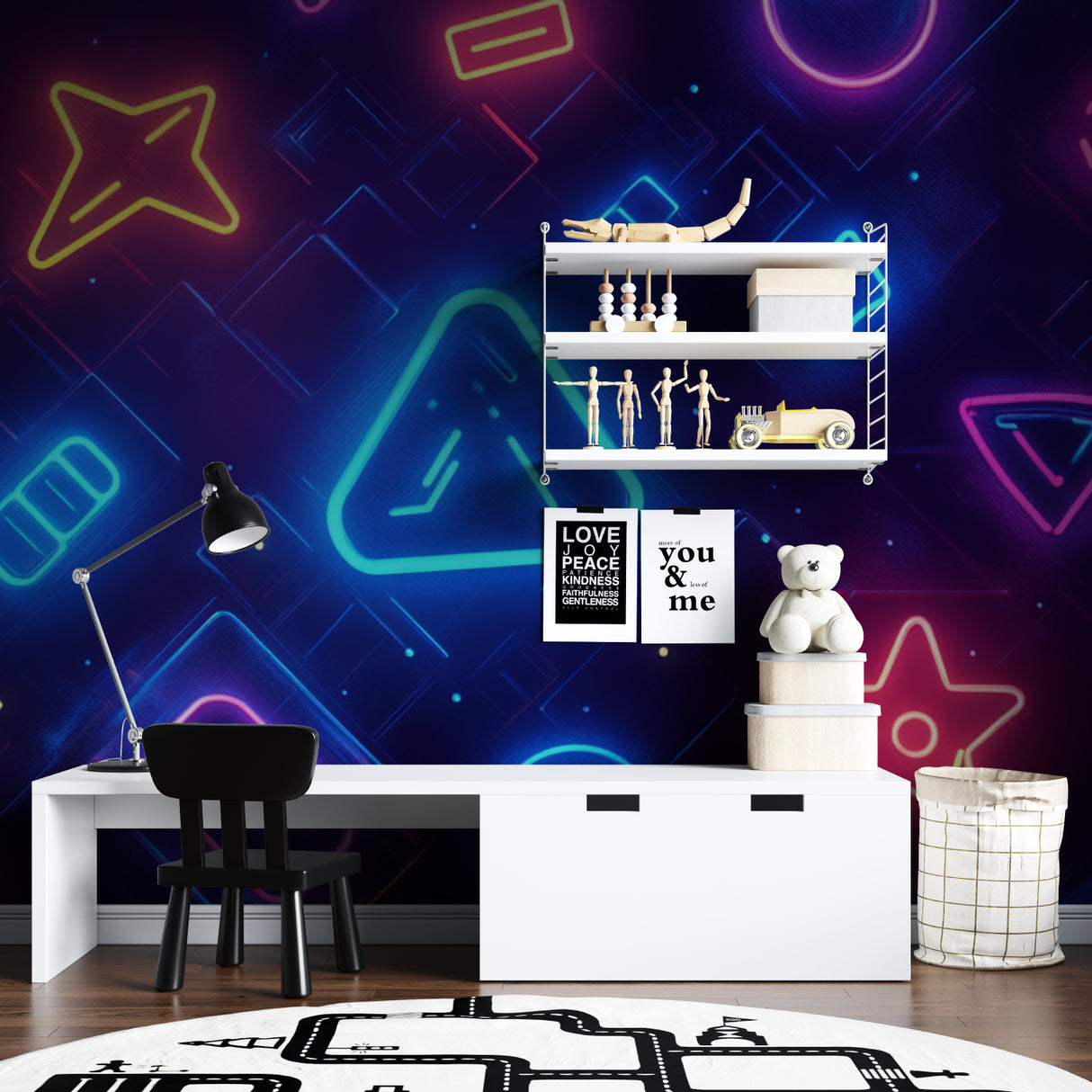 Teen bedroom featuring vibrant neon gaming wallpaper with geometric patterns