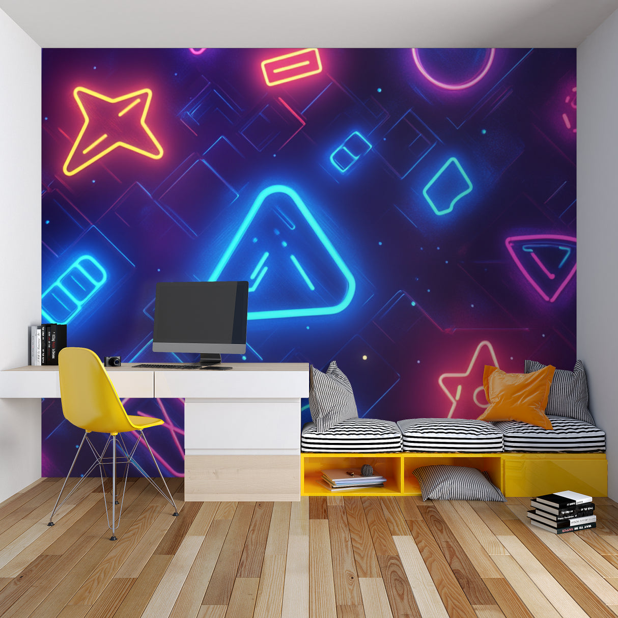 Home office transformed with modern gaming wallpaper design
