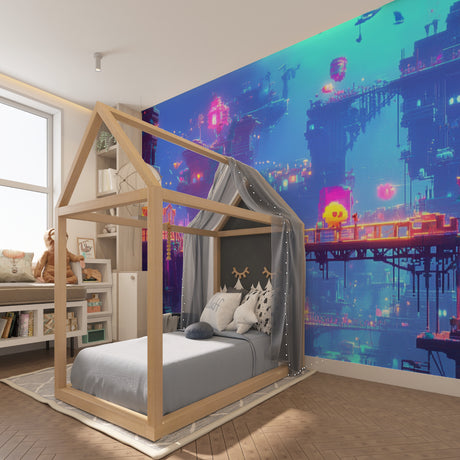 Gaming room with Neon Pixel Art Cityscape wallpaper showing vibrant gaming setup and LED lighting