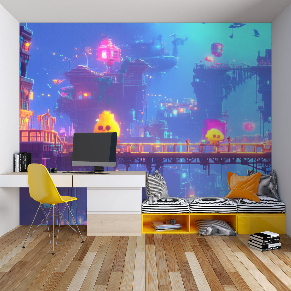 Teen bedroom featuring Pixel Art Gaming wallpaper creating cool ambient lighting