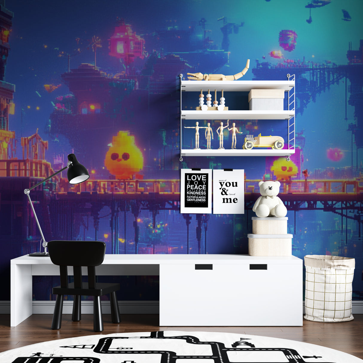 Modern office space with Neon Gaming wallpaper adding dynamic energy