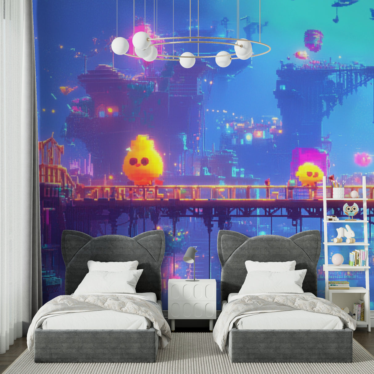 Entertainment room showcasing Pixel Art Cityscape mural in evening lighting