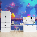 Studio apartment with Gaming Cityscape wallpaper creating depth and atmosphere