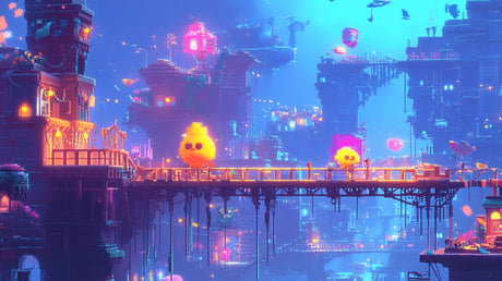 Neon Pixel Art Cityscape wallpaper design file showing intricate digital artwork pattern