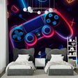 Gaming mural wallpaper creating a bold statement in a modern teen bedroom with LED accent lighting