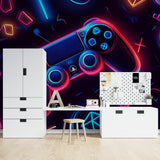 Neon gaming wallpaper bringing vibrant energy to a streaming setup room