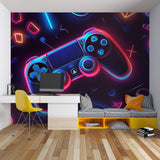 Gaming room transformed with neon controller mural wallpaper and ambient lighting