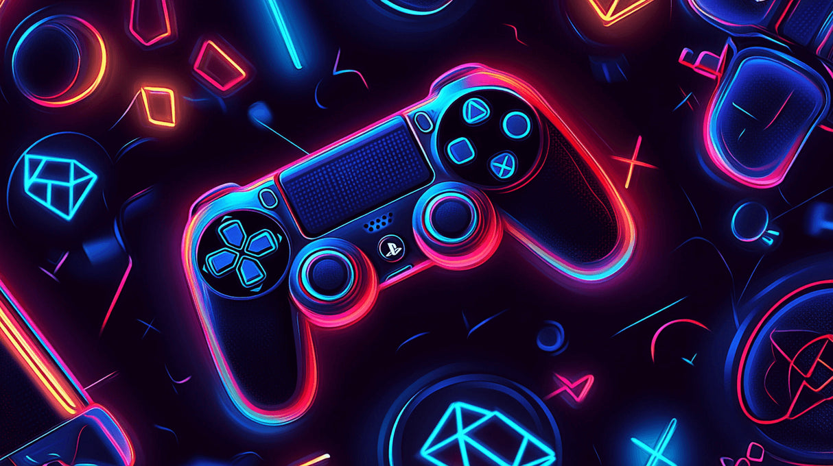 Design file showing neon PlayStation controller pattern with vibrant electric colors