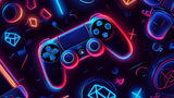 Design file showing neon PlayStation controller pattern with vibrant electric colors