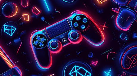 Design file showing neon PlayStation controller pattern with vibrant electric colors