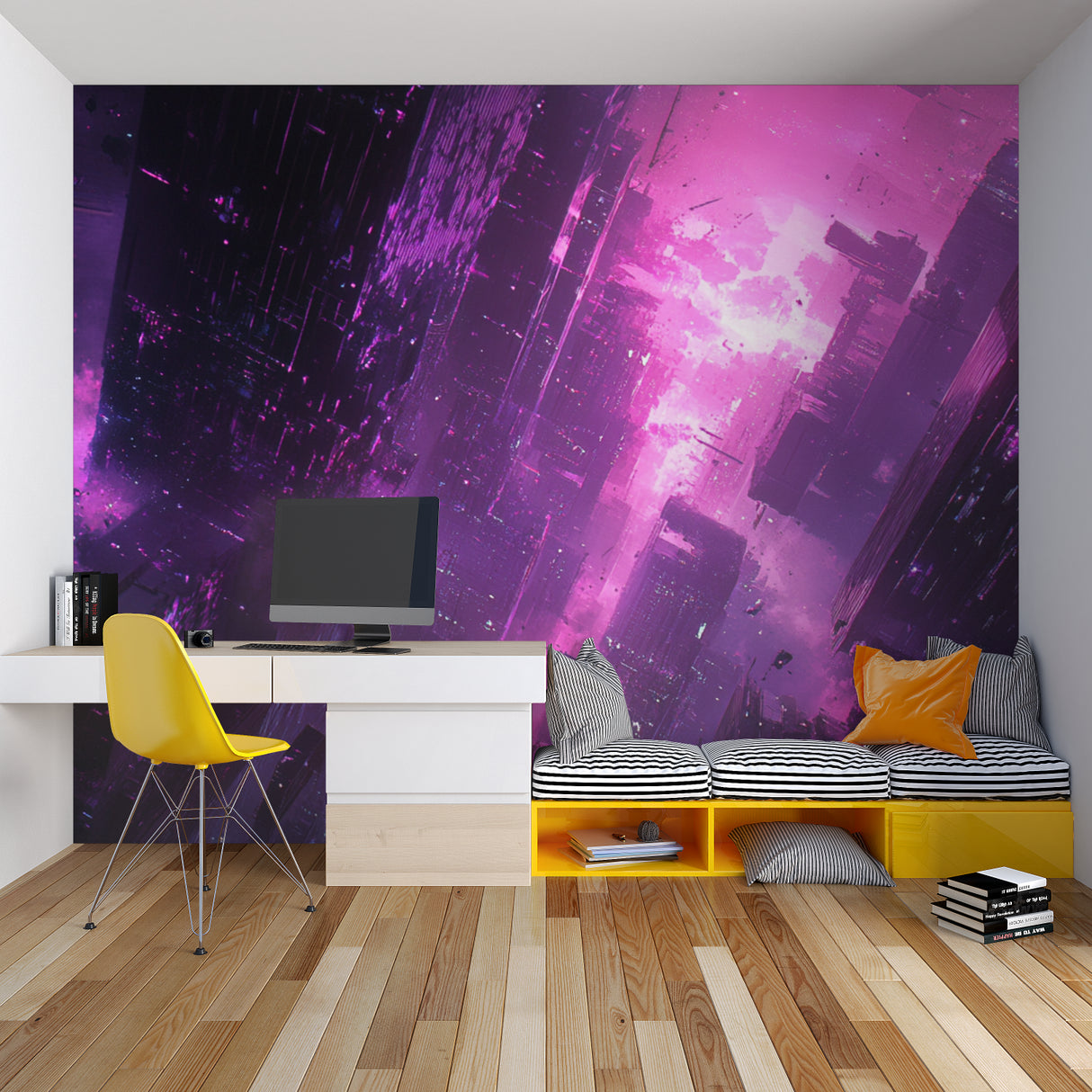 Teen bedroom with neon purple gaming wallpaper creating immersive atmosphere