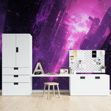 Modern office space featuring Cyberpunk city wallpaper with purple neon accents