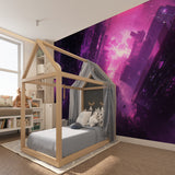 Entertainment room showing full wall Cyberpunk city mural in purple neon tones