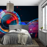 Game room with neon speedometer wall design and gaming setup