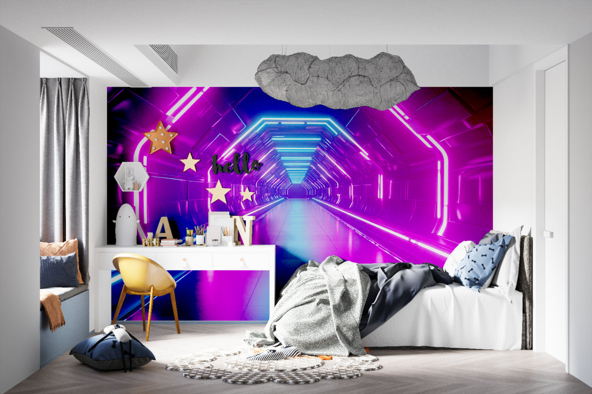 Modern living room featuring gaming tunnel mural wallpaper with dramatic lighting