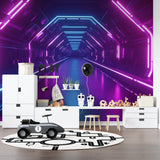 Home office gaming setup with purple and blue neon tunnel wallpaper