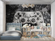 Gaming room with PlayStation controller wallpaper, gaming setup and LED lighting