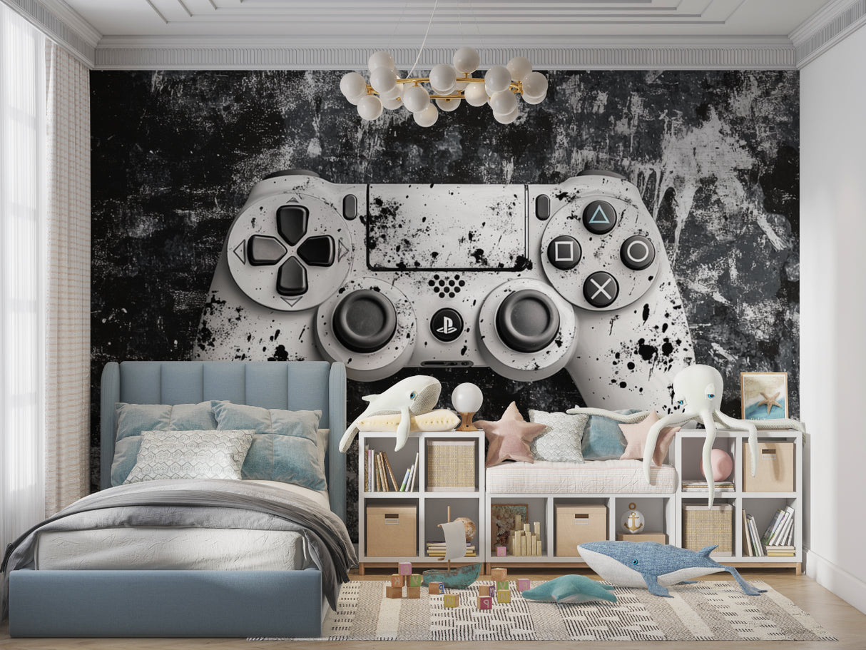 Gaming room with PlayStation controller wallpaper, gaming setup and LED lighting