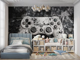 Gaming room with PlayStation controller wallpaper, gaming setup and LED lighting