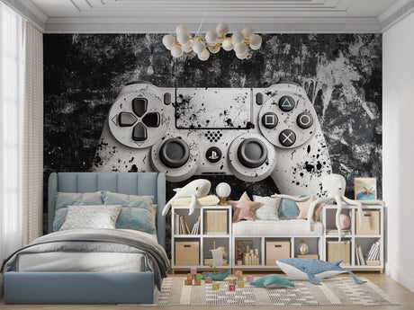 Gaming room with PlayStation controller wallpaper, gaming setup and LED lighting