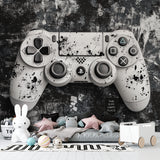 Teen bedroom featuring monochrome PlayStation wallpaper design