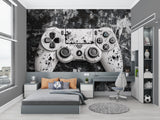 Modern entertainment room with black and white gaming wallpaper