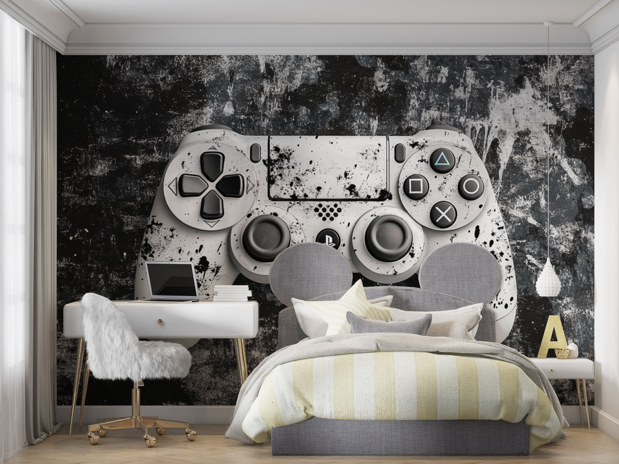 Streamer room with monochrome gaming wallpaper design