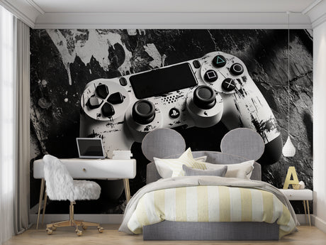 Gaming wallpaper mural showcased in a modern teen bedroom with LED lighting and gaming setup