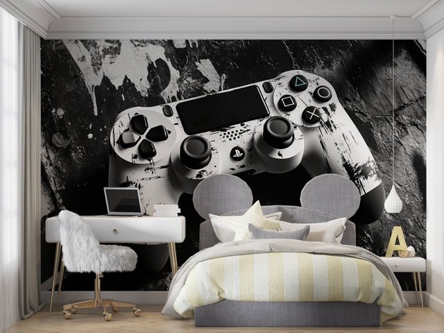 Gaming wallpaper mural showcased in a modern teen bedroom with LED lighting and gaming setup