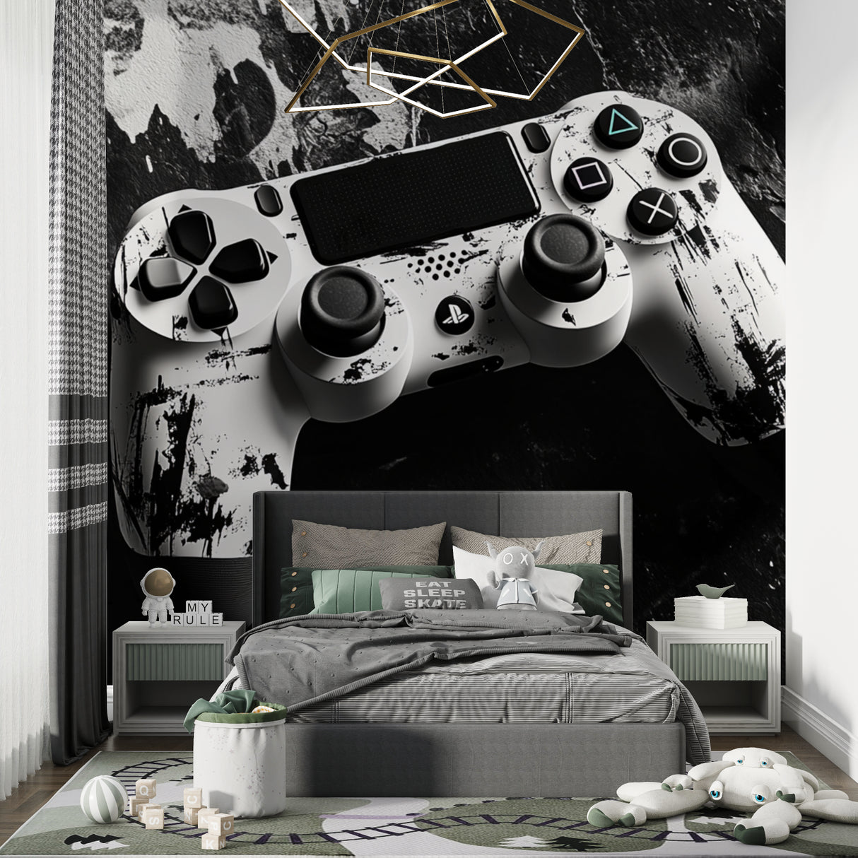 Black and white PlayStation controller wallpaper in a stylish gaming room with console setup