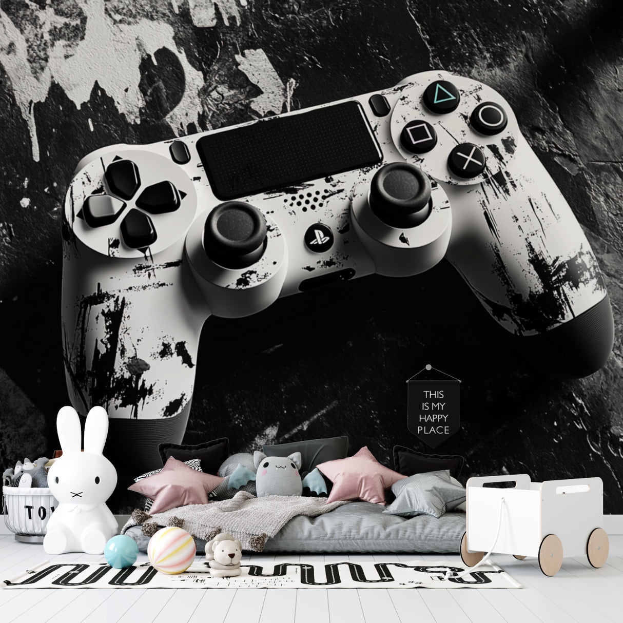 Gaming mural wallpaper featured in entertainment room with gaming chairs and screens