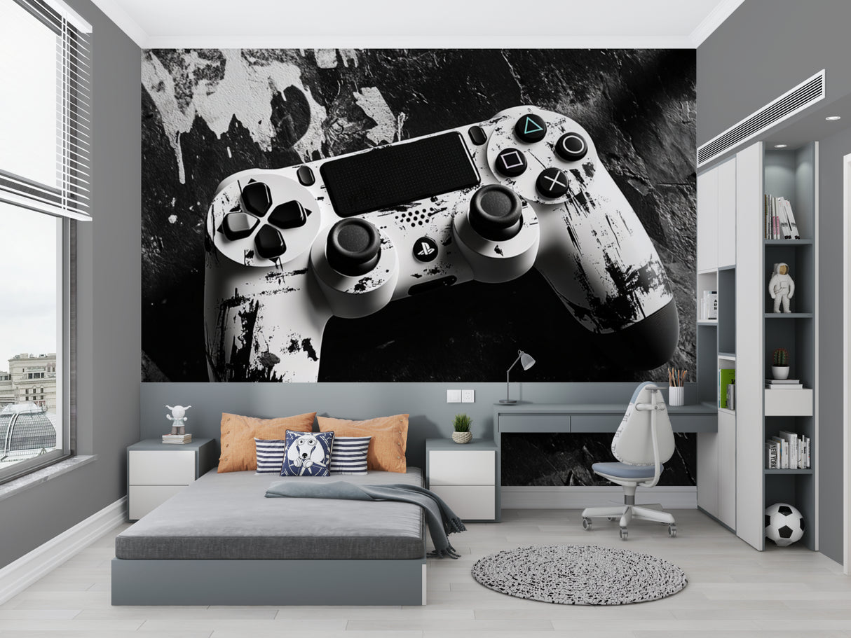 PlayStation controller mural in contemporary teen gaming corner with RGB lighting