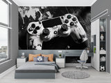 PlayStation controller mural in contemporary teen gaming corner with RGB lighting