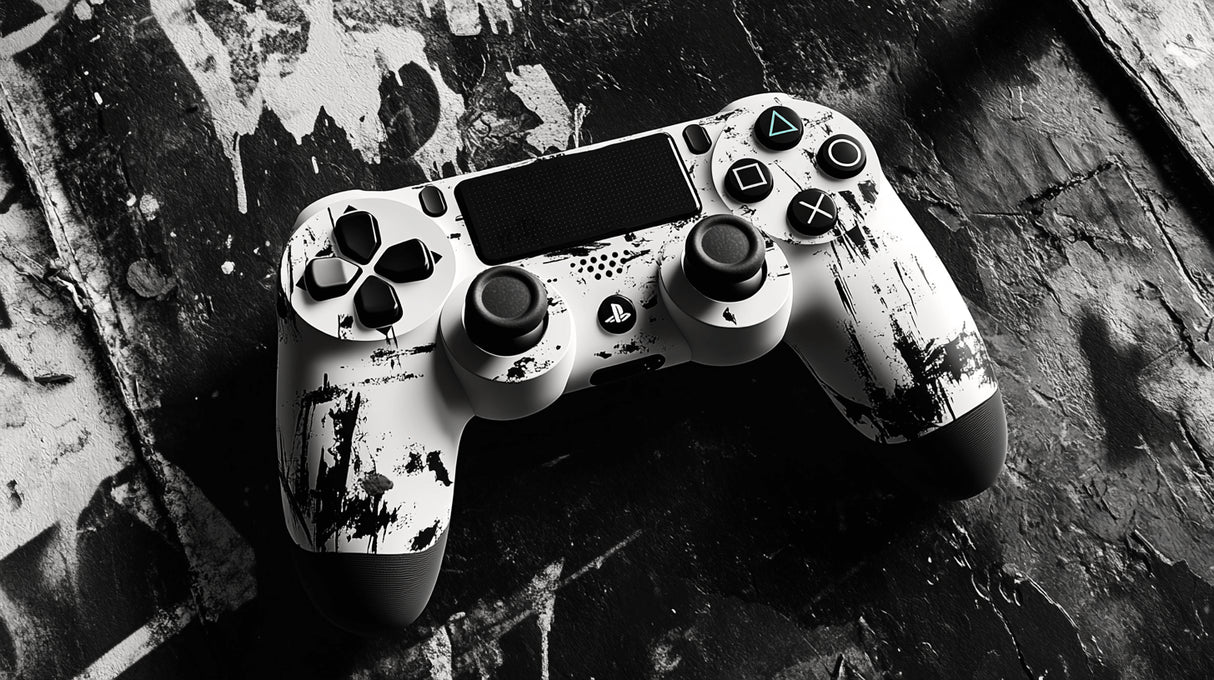 Design file showing detailed black and white PlayStation controller pattern with paint splash effect