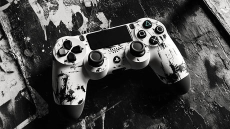 Design file showing detailed black and white PlayStation controller pattern with paint splash effect