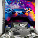 Controller wall mural bringing color to a minimalist gaming setup area