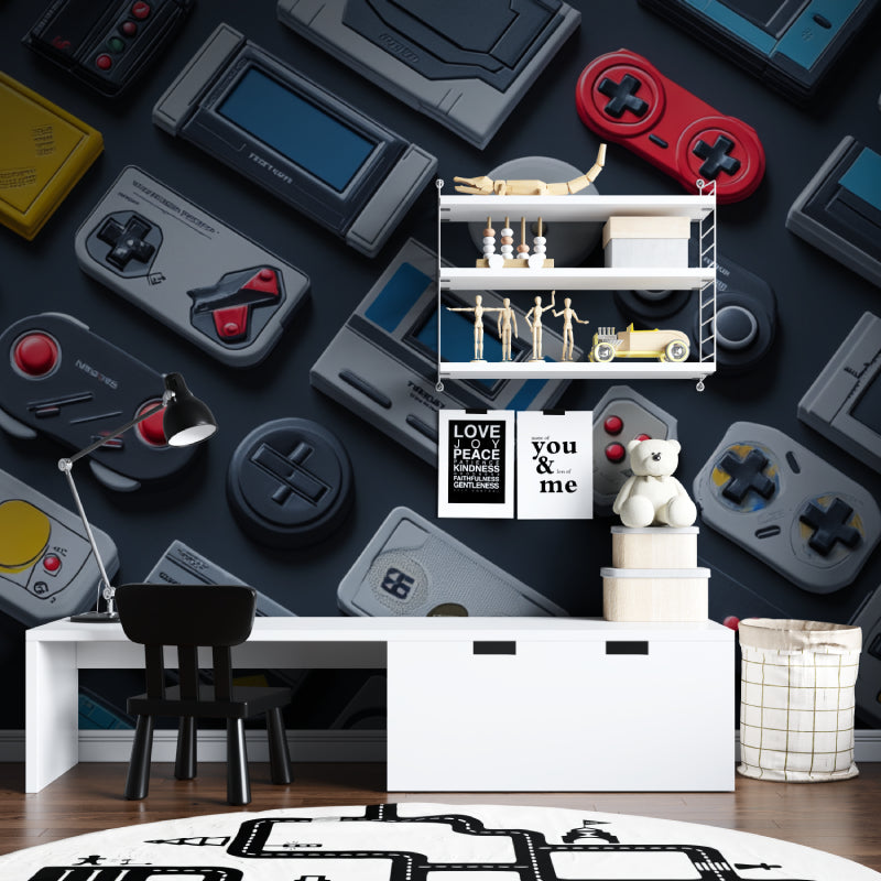 Retro gaming wallpaper styled in modern teen bedroom showing classic console design
