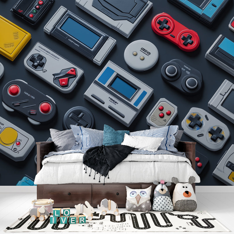 Man cave featuring vintage gaming wallpaper with classic controllers