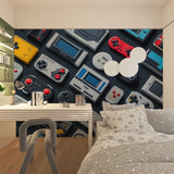 Entertainment room showcasing retro gaming mural with console collection