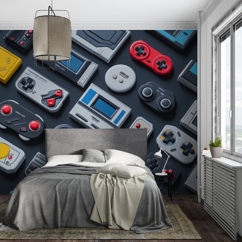 Game room accent wall with vintage gaming console design