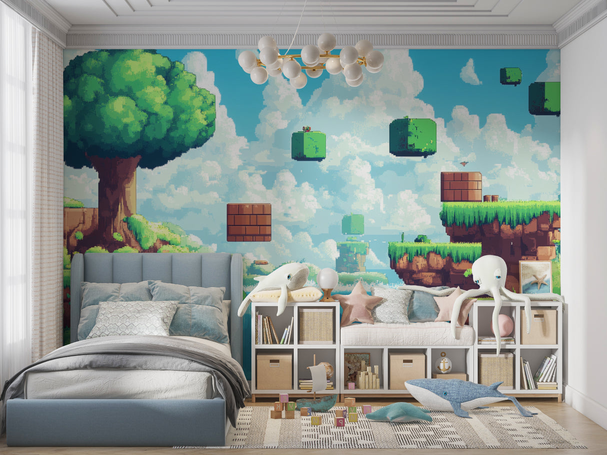 Teen bedroom decorated with Retro Gaming Wallpaper showcasing 8-bit style landscape design