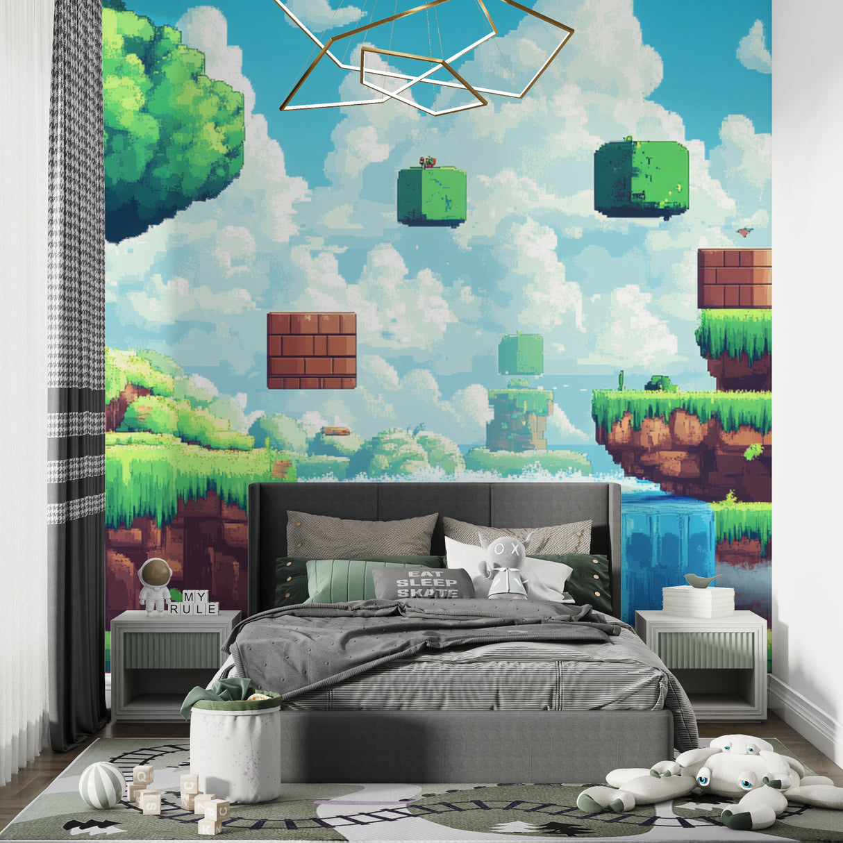 Modern gaming setup with Pixel Art Mural creating an immersive gaming atmosphere