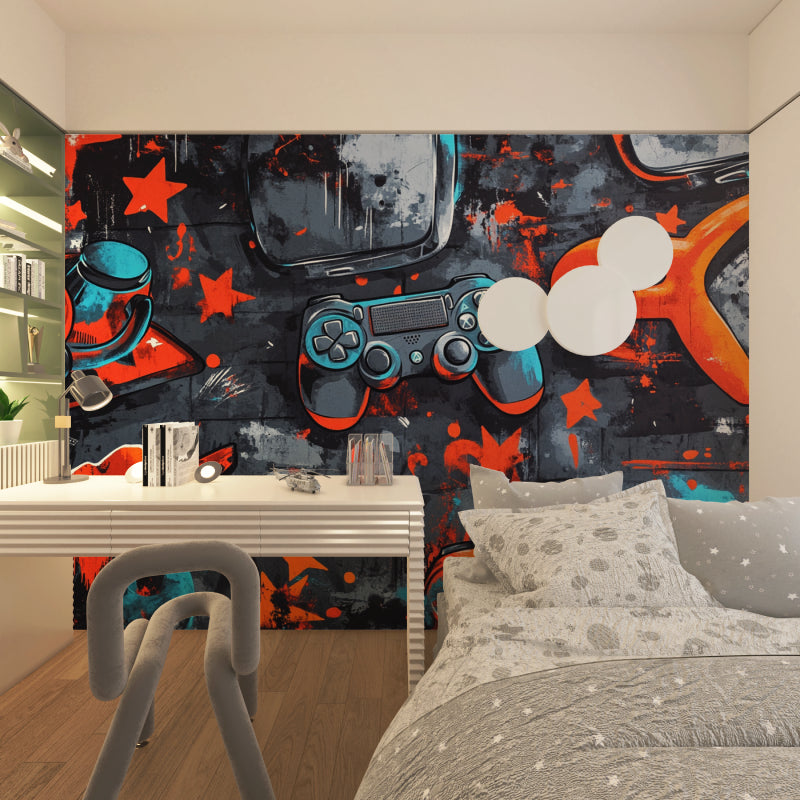 Gaming wallpaper mural creating a bold statement in a modern teen bedroom with LED lighting setup