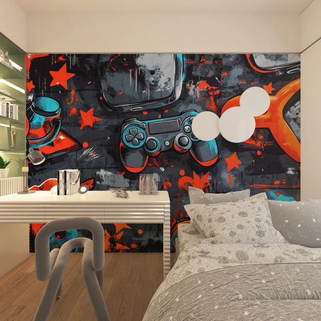 Gaming wallpaper mural creating a bold statement in a modern teen bedroom with LED lighting setup