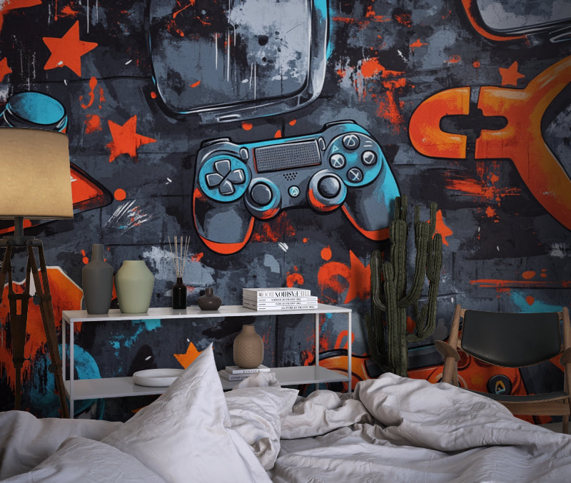 Street art gaming mural displayed in a stylish game room with gaming setup