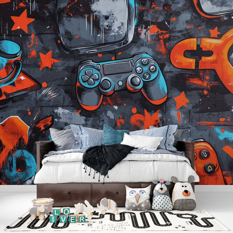 Gaming controller wall mural bringing urban style to a contemporary living room
