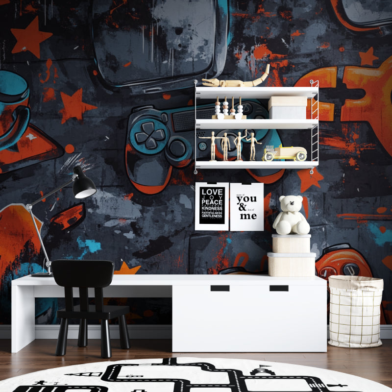 Graffiti gaming wallpaper installed in a modern home office gaming corner